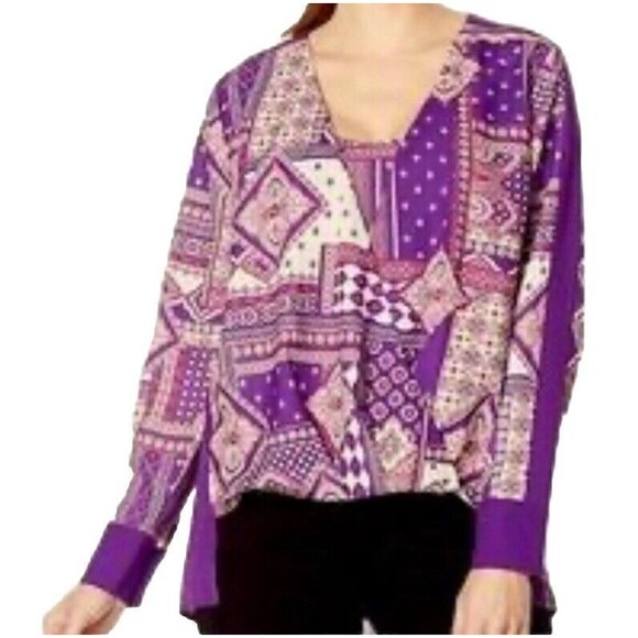 IMAN Global Chic Women’s Purple Geometric Print Draped Blouse Size Small New! - Picture 3 of 12